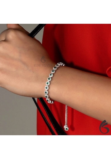 Bymoreelsesilver-Elmas Modeli Yeşil Taşlı Gümüş Asansörlü Bileklik