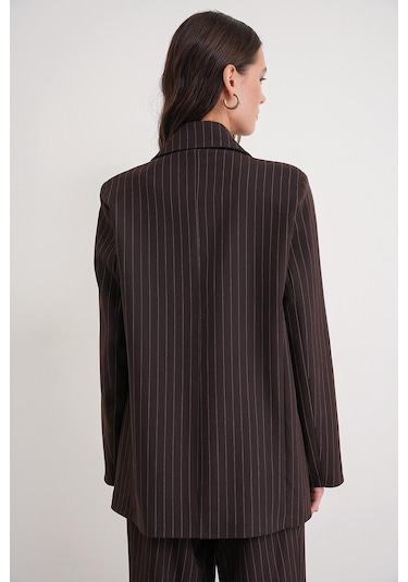 4753 Kadın Çizgili Oversize Blazer Ceket Kahve Kahve