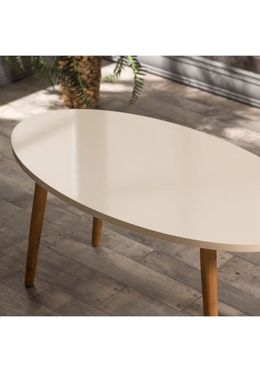 Zigon Sehpa Ve Orta Sehpa Set Ahşap Torna Elips Krem