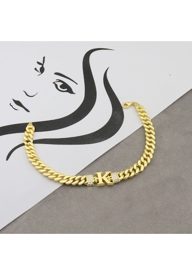 925 Ayar Gümüş K Harfi Gold Gurmet Bileklik