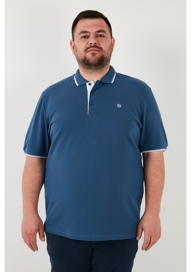 Buratti Büyük Beden Pamuklu Regular Fit Erkek Polo Yaka T Shirt 5902118B Koyu Mavi-Beyaz