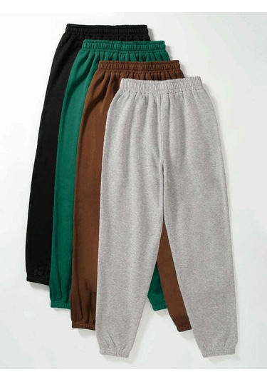 4'lü Basic Düz Eşofman Altı Jogger - Siyah Yeşil Kahverengi Gri Lastik Paça Yüksek Bel Siyah Yeşil Kahverengi