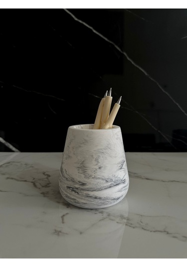 Beton Kalemlik Dekoratif Aksesuar El Yapımı Diş Fırçalık Minik Vazo Beyaz-siyah