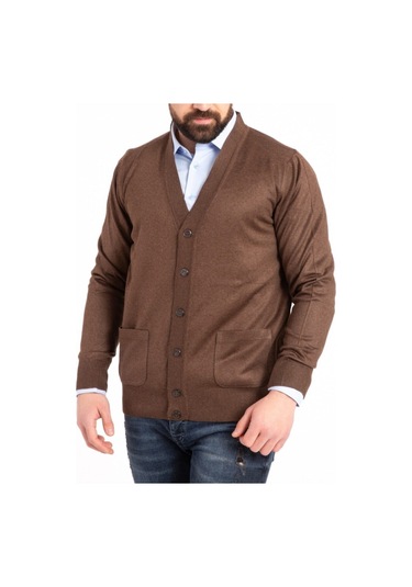 Nacar Store Erkek Düğmeli Ince Yün Triko Örme Baba Hırka Kahverengi