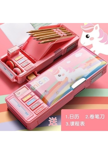 Çok Fonksiyonlu Karikatür Unicorn Mekanik Kalem Kutusu - Pembe