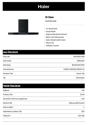 Haier HATS9DCS56B Duvar Tipi Davlumbaz