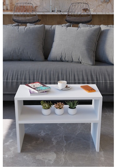 Alpa Ev Mobilya C Tasarım Koltuk Yanı Sehpa, Kitaplıklı Modern Laptop & Kahve Sehpası, Orta Sehpa Beyaz