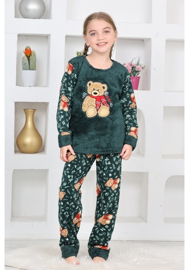 Kız Çocuk Welsoft Kumaş-göz Bantlı Ayıcık Baskılı Pijama Takımı 12293 Zümrüt Yeşili