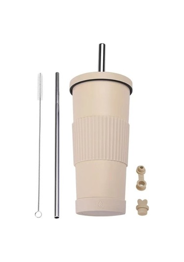 Dilele Paslanmaz Çelik Inci Süt Çay Bardağı, Pipet Yalıtım Bardağı, Dl068, 710ml Kapasite Bej Bej