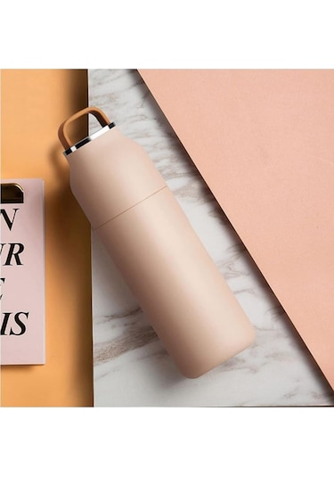 Paslanmaz Çelik Bardak Kapaklı, Tutacaklı, Mat Gövdeli Termos 400 Ml Pembe