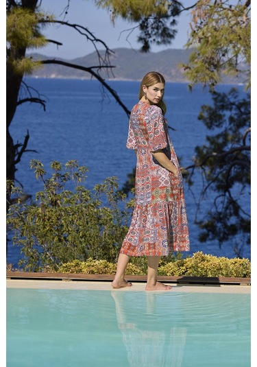 Monamise Kadın Etnik Desenli Truvakar Kollu Önü Düğmeli V Yaka Elbise 25031 Saks