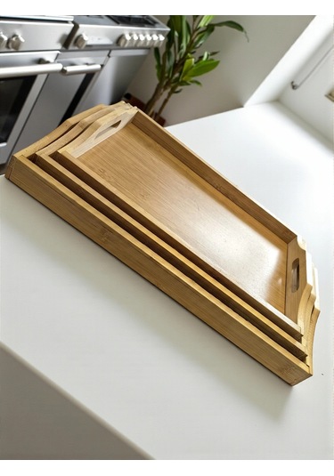 Mybru Dikdörtgen Bambu Tepsi 3'lü Set Ahşap