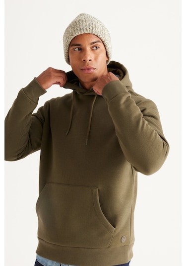 Erkek Hakı-sıyah Pamuklu Standart Fit Normal Kesim Kapüşonlu Kanguru Cepli Eşofman Takımı Hakı-sıyah