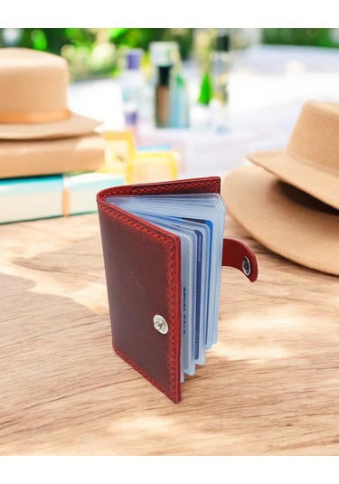 Cronder Hakiki Deri Şeffaf Bölmeli Kartlık Cüzdan Kırmızı