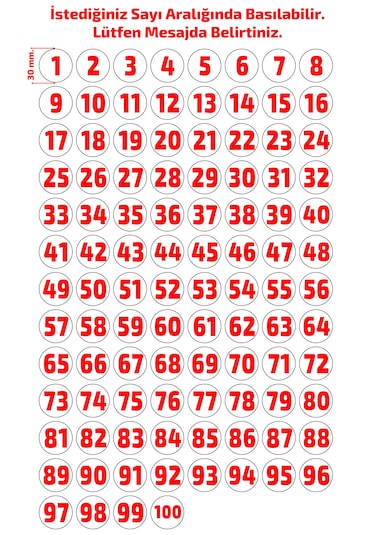 Sayı Etiketi Sayı Sticker Numara Etiketi 1'den 100'e Kadar Kırmız