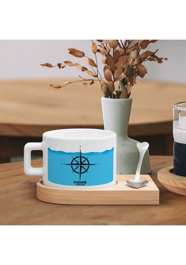 Bk Gift Kişiye Özel İsimli Denizci Tasarımlı-7, Ahşap Altlıklı Seramik Fincan, Meslek Hediyesi, Yeni İş Hediyesi Kobitmeyen137948 Bk Gift
