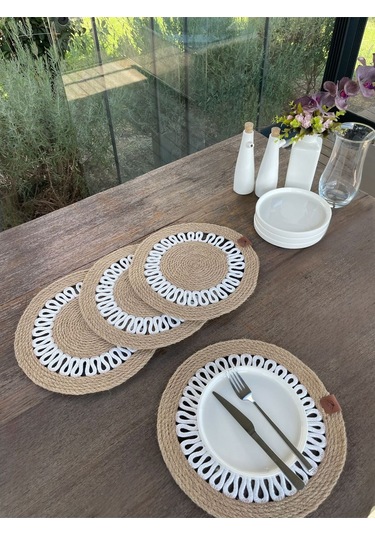 4 Kişilik Yuvarlak Amerikan Servis Özel Tasarım Jüt / Beyaz 33 X 33 Cm Natural