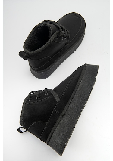 Luvishoes Ovela Siyah Kalın Taban Bağcıklı Kadın Spor Bot Siyah