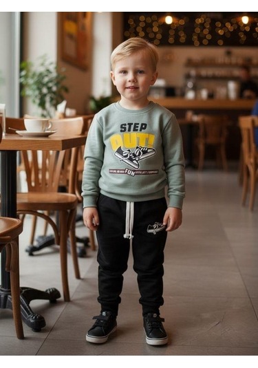 Zekids Erkek Çocuk Pamuklu Step Out Baskılı Eşofman Takımı-16348 Yeşil
