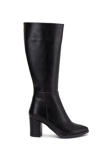 Kadın Topuklu Çizme Siyah Suni Deri Sivri Burun-4207 Siyah