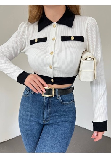 Düğmeli Cep Detaylı Crop Hırka -beyaz Karışık
