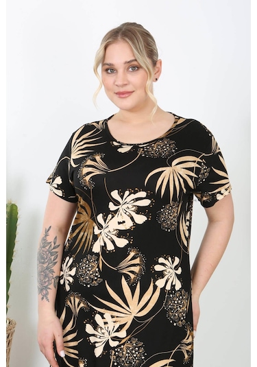 Kadın Siyah Vizon Floral Desen Midi Elbise Siyah