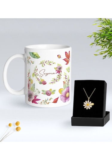 Bk Gift Kişiye Özel İsimli Çiçek Tasarımlı Beyaz Kupa Ve Papatya Kolye Hediye Seti - 1, Sevgiliye Hediye, Anneye Hediye, Arkadaşa Hediye Kobitmeyencom