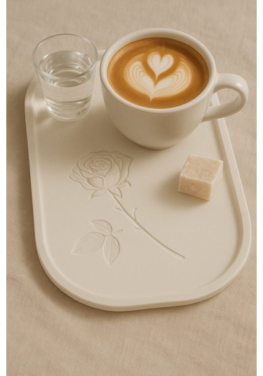 Gül Çizimli El Yapımı Dekoratif Tabak Özel Tasarım 23 X 13 Cm Beyaz