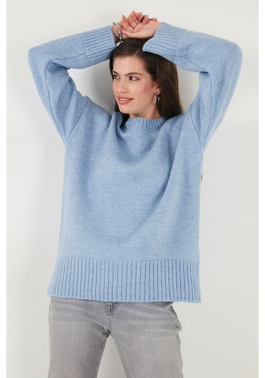 Lela Regular Fit Bisiklet Yaka Basic Triko Bayan Kazak 4616213 Bebe Mavi
