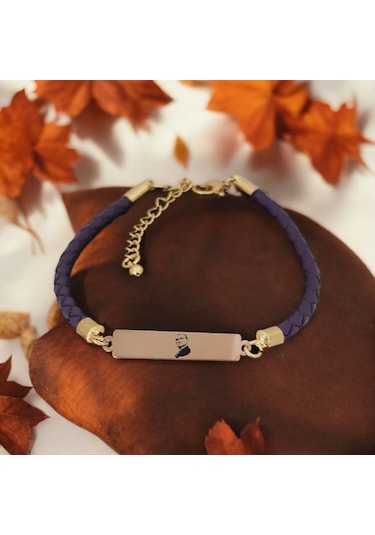 Archin Atatürk Temalı Dikdörtgen Motifli Mor Derili 14 Ayar Altın Plakalı Hediye Bileklik-412sembol Atatürk Temalı