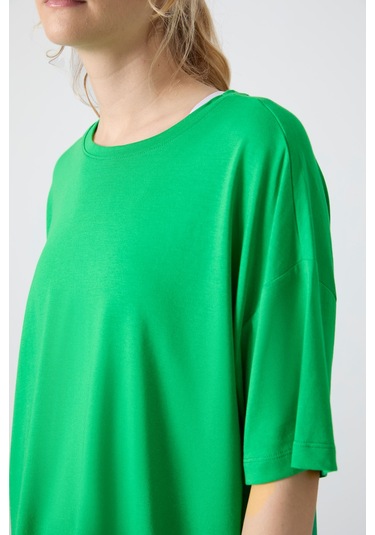 Tommy Life Yeşil Penye Modal Yumuşak Tuşeli Oversize Fit Basic Kadın T-shirt- 97285 Yeşil
