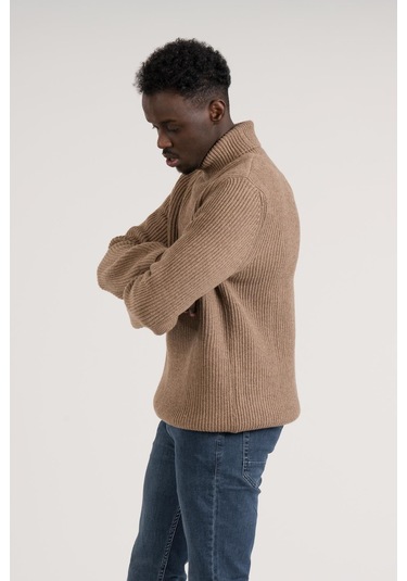 Regular Kesim Kalın Örgülü Yünlü Tam Balıkçı Triko Kazak Kahverengi