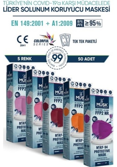 Musk Kf94 Kore Tipi N95 Maske 5 Renk 50 Adet (Pembe, Mor, Lila