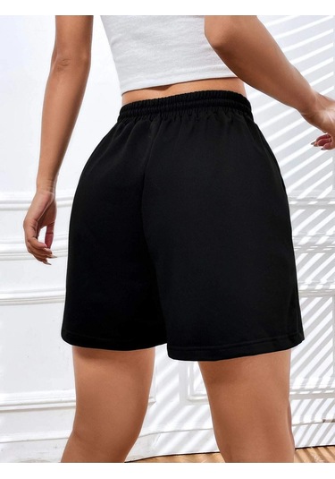 Siyah Kısa Californi West Coast Şort - Penye Baskılı Kordonlu Siyah