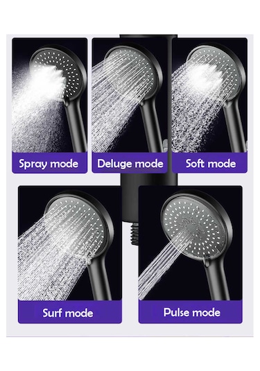 5 Fonksiyonlu Mafsallı Mat Siyah Yuvarlak El Duşu Pvc Hortum Siyah