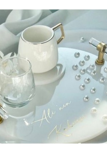 İnci Detaylı Gold Nişan Tepsisi Ve Damat Kahvesi Seti