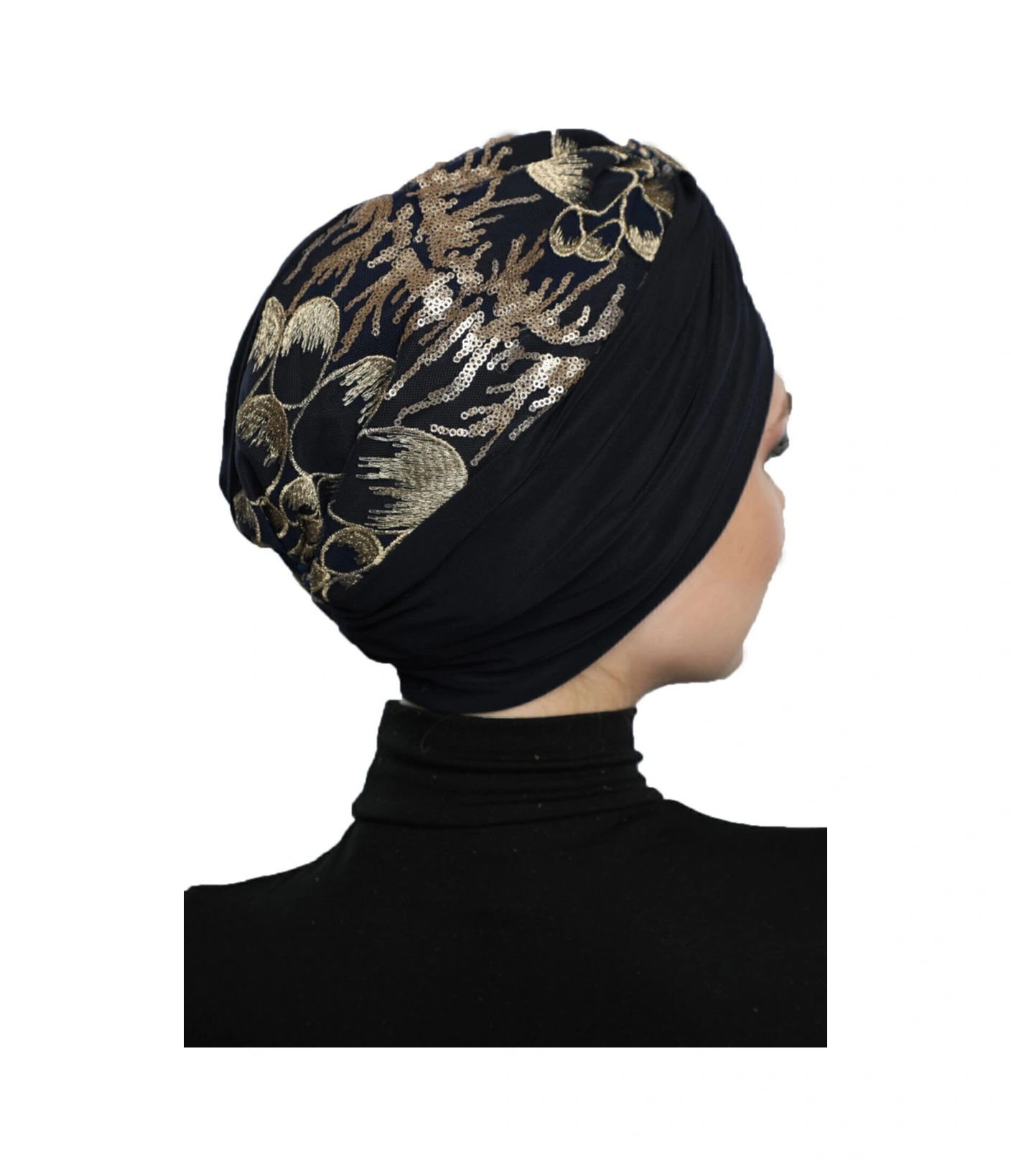 Özel Tasarım Siyah Üzeri Bej Nakışlı Oval Desenli Astarlı Hazır Türban Tesettür Abiye Bone Siyah23