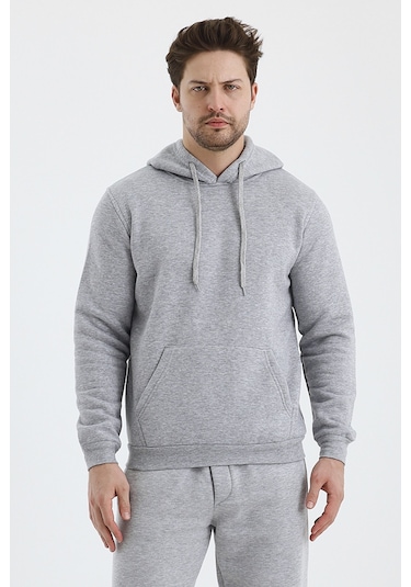 Monox Erkek Kapşonlu 3 İplik Sweatshirt Gri