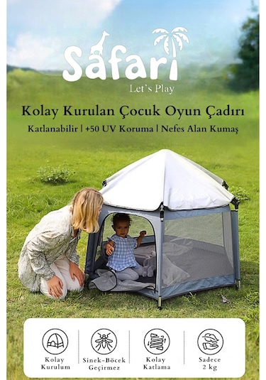 Kiwi Safari Çocuk-bebek Oyun Parkı Çadırı +50 Uv Korumalı,kolay Kurulum,alüminyum Sağlam Gövde- Siyah