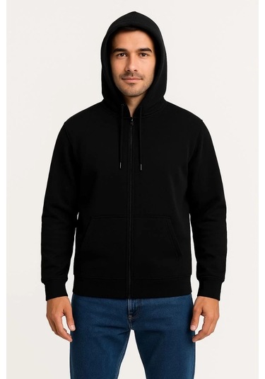 Erkek Üç İplik Kapüşonlu Tam Fermuarlı Kanguru Çepli Sweatshirt Hoodie - Siyah Siyah