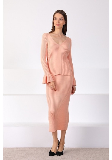 Ferraro Apricot Yırtmaçlı Kadın Triko Etek Pudra