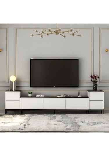İmaj Tv Ünitesi Ve Komodin Set Traverten/gold, Oturma Odası Set, Tv Sehpası - Beyaz Beyaz