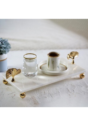 Akayev Mermer Beyaz 30X15 CM Altın Ayak Ginkgo Sunum Tabağı