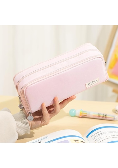 Okul Genç Kız Erkek İçin Büyük Kapasiteli Kalem Kutusu 4 Bölmeli Kese Kalem Çantası-pembe