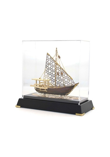 Pirinç Yelkenli Gemi Altın Kaplama Katar Dhow Teknesi Deri Kutulu 23cm No.2