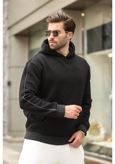 Madmext Siyah Kapüşonlu Kanguru Cep Erkek Sweatshirt E7163 Siyah