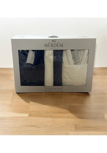 Banyo Çeyiz Seti, %100 Pamuk Bornoz Takımı, 8parça Aile Bornoz Seti, Havlu&havlu Seti Lacivert-krem Lacivert