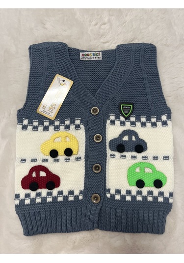 Sarı Yeşil Arabalı Örme Yelek Mavi