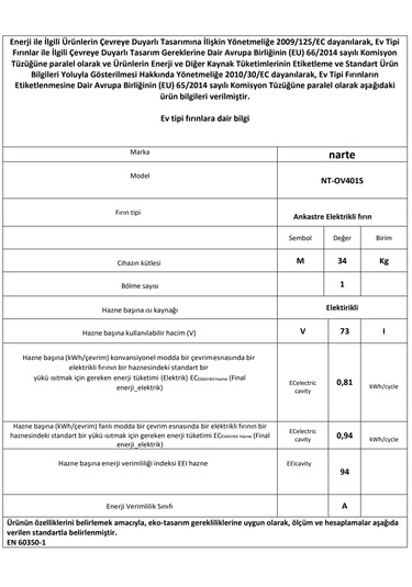 Narte NT-OV401S 73 L Ankastre Fırın Gri