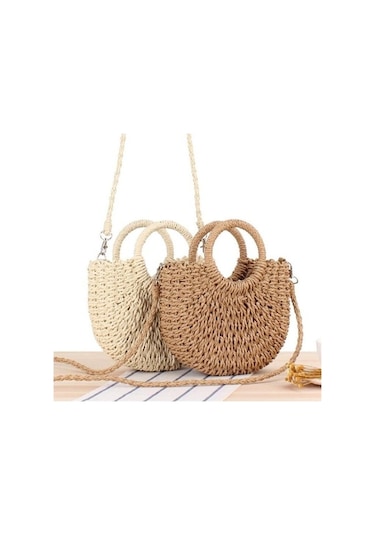 Novahub El Yapımı Rattan Dokuma Plaj Çantası - Kadın Crossbody Çanta - Bej, Haki Rengi, Pratik Tasarım Haki